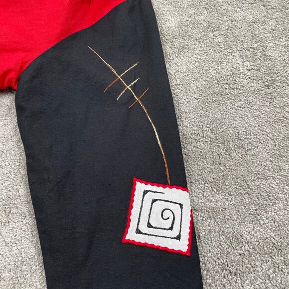 VTG Patchwork Embroidered Top Sz M Red Black Long Sleeve Funky Abstract Linen - Picture 11 of 13